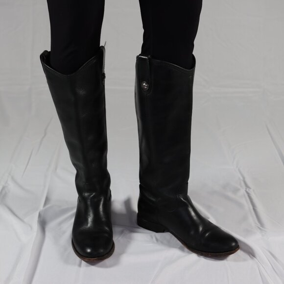 Frye 6-1/2" Genuine Black Leather Knee High Riding Boots with Low Heel - Picture 2 of 11